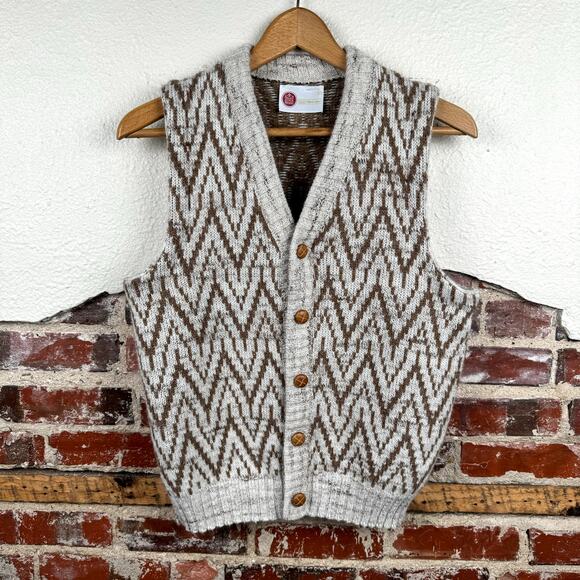 Vintage Sears Kings Road Sweater Size Large Tan Brown Patterned Button Up Vest - Picture 1 of 4